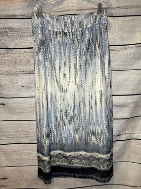 Chico's Melissa Tribal Boho Aztec Maxi Skirt Blue Grey White Long Nylon Stretch